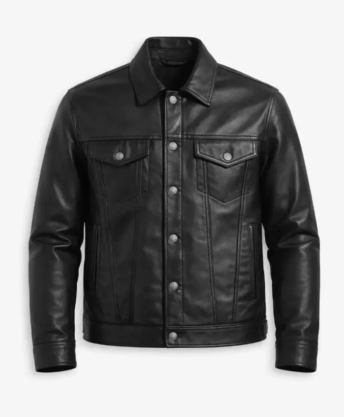 Men Black Leather Trucker Jacket