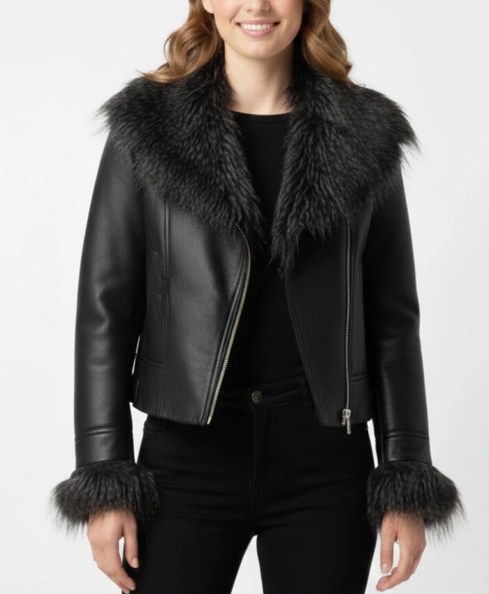 Womens Black Leather Jacket with Fur Collar
